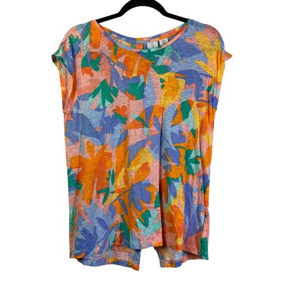 JOIE‎ Multi-Color Tropical Print Linen Cap Sleeve Back Button Down Top Size Med - Picture 2 of 11